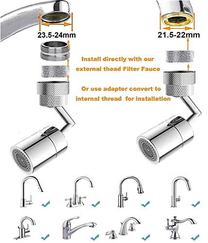 Universal Splash Filter Faucet,720 Rotating Anti-Splash Faucet Extender with 2 Faucet Adapter, Faucet Aerator Sprayer for Kitchen Sink Bathroom (0.86/0.94)