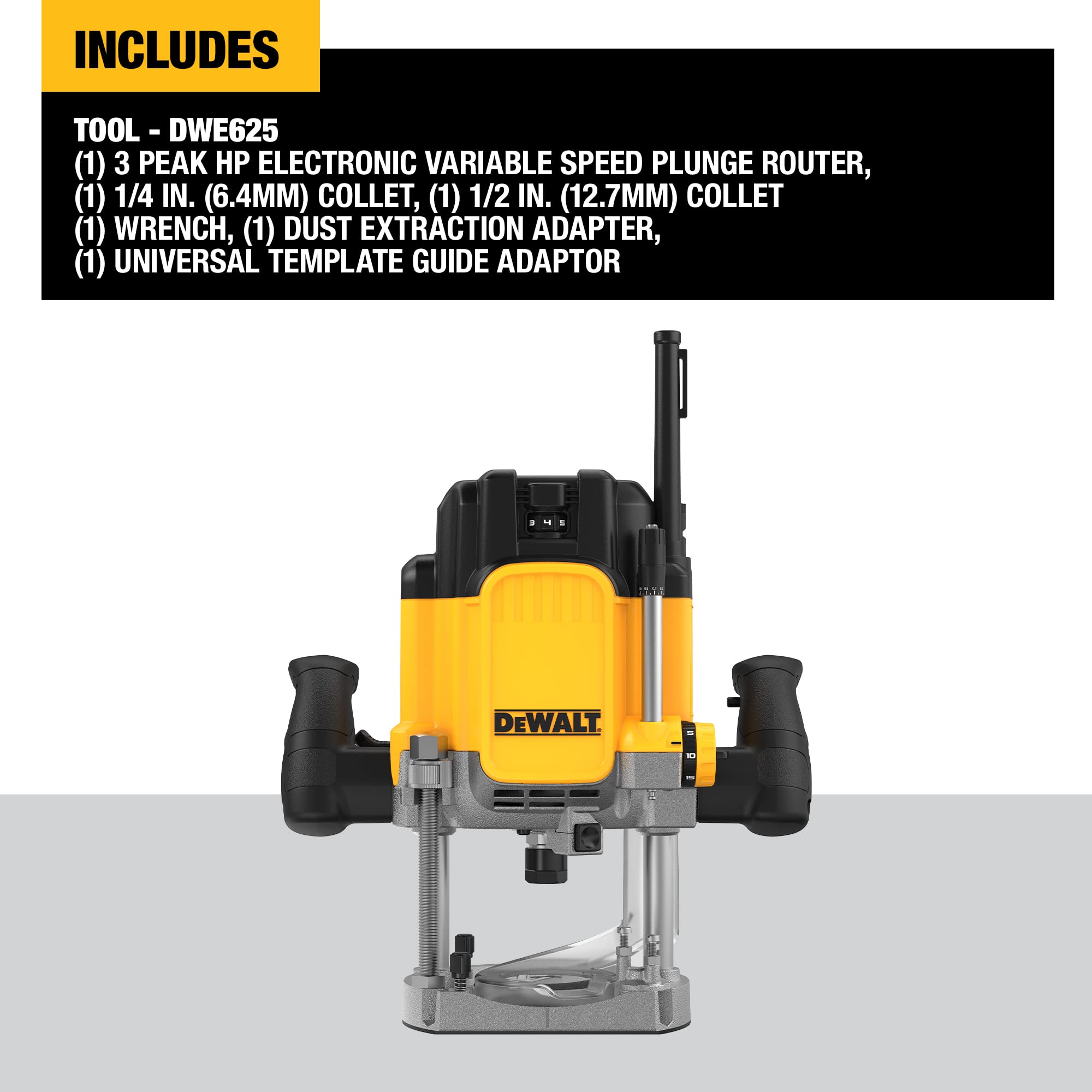 DEWALT Plunge Router 15 AMP, Includes Spindle Lock Button, 1/4” and 1/2” Collets, Built-In LED Light, Corded (DWE625) ,Yellow