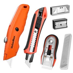 valuemax utility knives set, box cutter retractable, 18mm snap-off knife, razor blade scraper, 3-piece complete work knife set with 28-piece blades