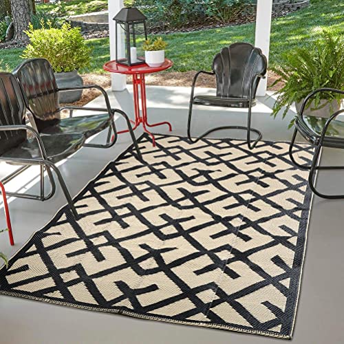 Reversible Mats - Plastic Straw Rug, Outdoor Rug for Patio Clearance Decor, Modern Area Rugs, Floor Mat for Outdoors, RV, Backyard, Deck, Picnic, Beach, Trailer, Camping, Black & Beige, 5' x 8'