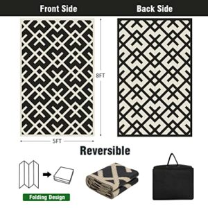 Reversible Mats - Plastic Straw Rug, Outdoor Rug for Patio Clearance Decor, Modern Area Rugs, Floor Mat for Outdoors, RV, Backyard, Deck, Picnic, Beach, Trailer, Camping, Black & Beige, 5' x 8'