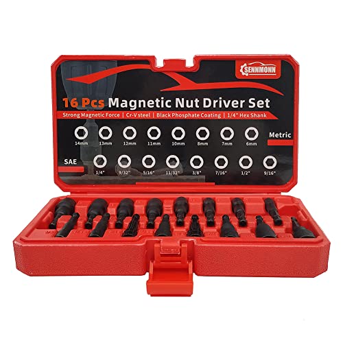 SENNMONN 16-Piece Magnetic Hex Nut Driver Set, Quick-Change 1/4" Hex Shank, Metric and SAE, Cr-V Steel, Nut Driver Set for Impact Drill