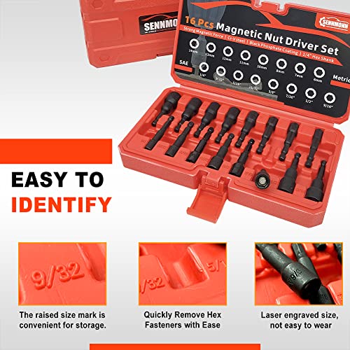 SENNMONN 16-Piece Magnetic Hex Nut Driver Set, Quick-Change 1/4" Hex Shank, Metric and SAE, Cr-V Steel, Nut Driver Set for Impact Drill