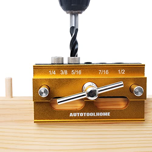 AUTOTOOLHOME Gold Self Centering Doweling Jig Kit 2 inch 6PC Drill Guide Bushings Set Adjustable Width Wood Dowel Jig Woodworking Joints Tools