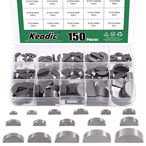 Keadic 150Pcs 15 Sizes Metric Woodruff Key Assortment Set, Carbon Steel Half Moon Gear Shaft Drive Semicircle Bond Key Pulley Crank Hardware Accessories for Mechanical Industry Fasteners