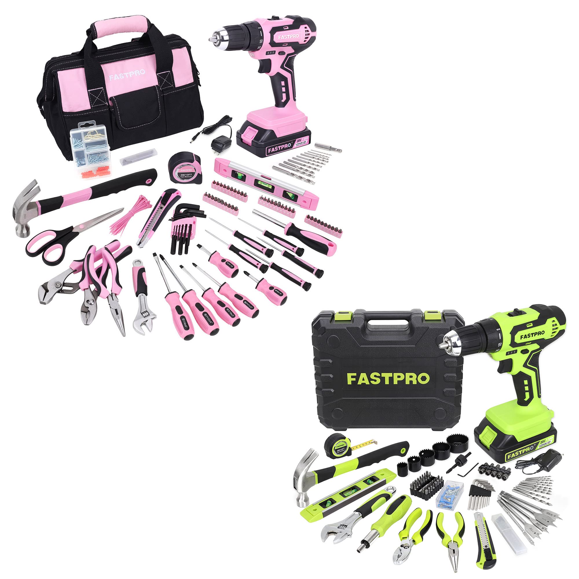 FASTPRO 232-Piece 20V Pink Drill Set & 177-Piece 20V Drill and Home Tool Set with storage case