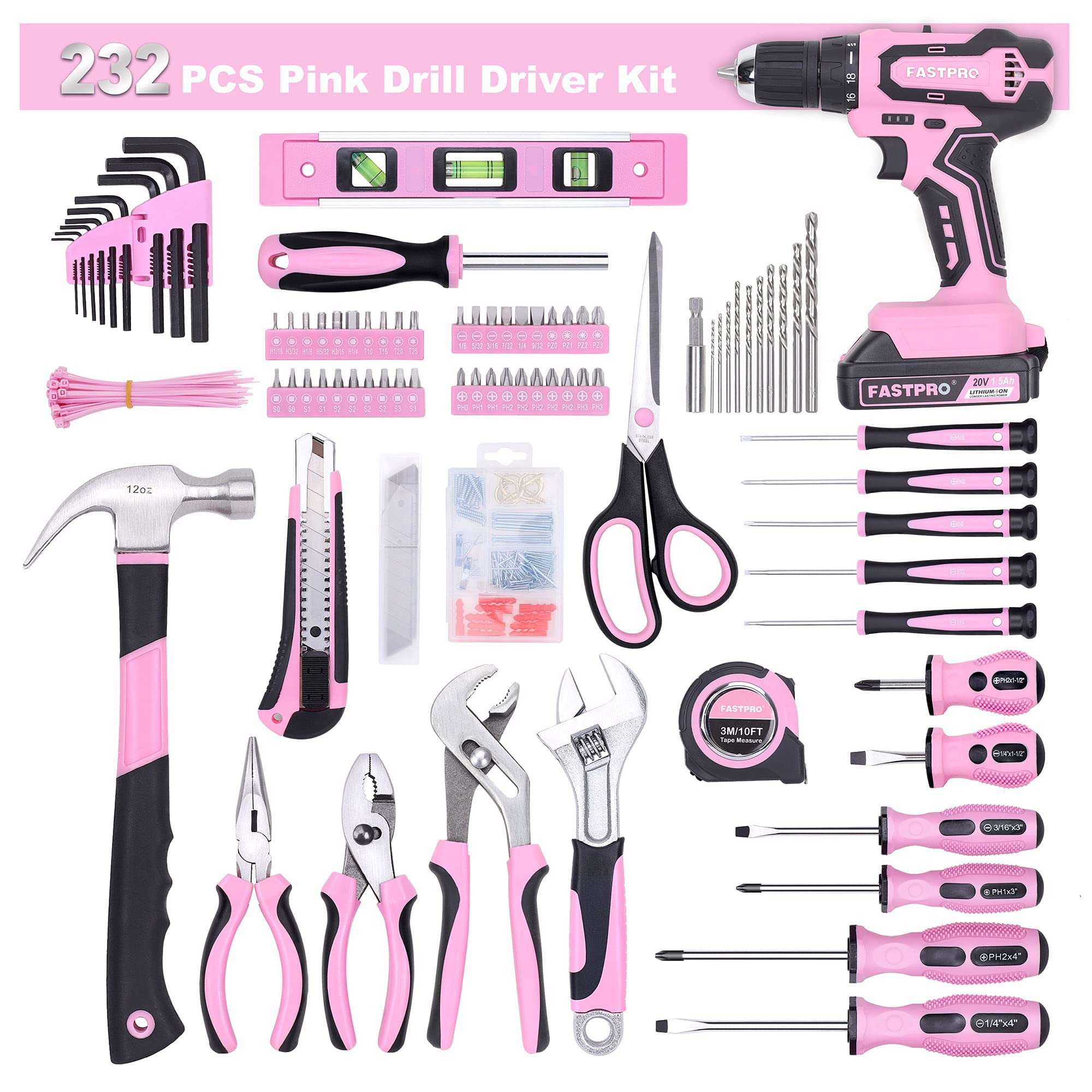 FASTPRO 232-Piece 20V Pink Drill Set & 177-Piece 20V Drill and Home Tool Set with storage case