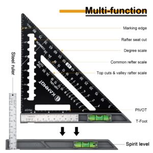 KAMMQI Carpenter Squares Rafter Square with Level 7 Inch Metal Triangle Square Carpenter Tools Layout Tools Stainless Steel Woodworking Square (Black 7inch)