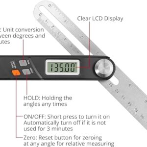 XUNTOP Sliding T Bevel Gauge with Stainless Steel Blade 360°Digital Protractor Portable Angle Finder with LCD Display for Woodworking, DIY