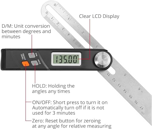 XUNTOP Sliding T Bevel Gauge with Stainless Steel Blade 360°Digital Protractor Portable Angle Finder with LCD Display for Woodworking, DIY