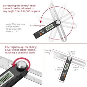 XUNTOP Sliding T Bevel Gauge with Stainless Steel Blade 360°Digital Protractor Portable Angle Finder with LCD Display for Woodworking, DIY