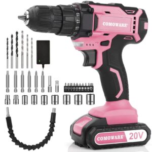 comoware pink power drill, 20v pink cordless drill, pink drill set for women, 1 battery & charger, 3/8" keyless chuck, 2 variable speed, 0-350 & 0-1300 rpm, 25+1 position and 34pcs drill/driver bits