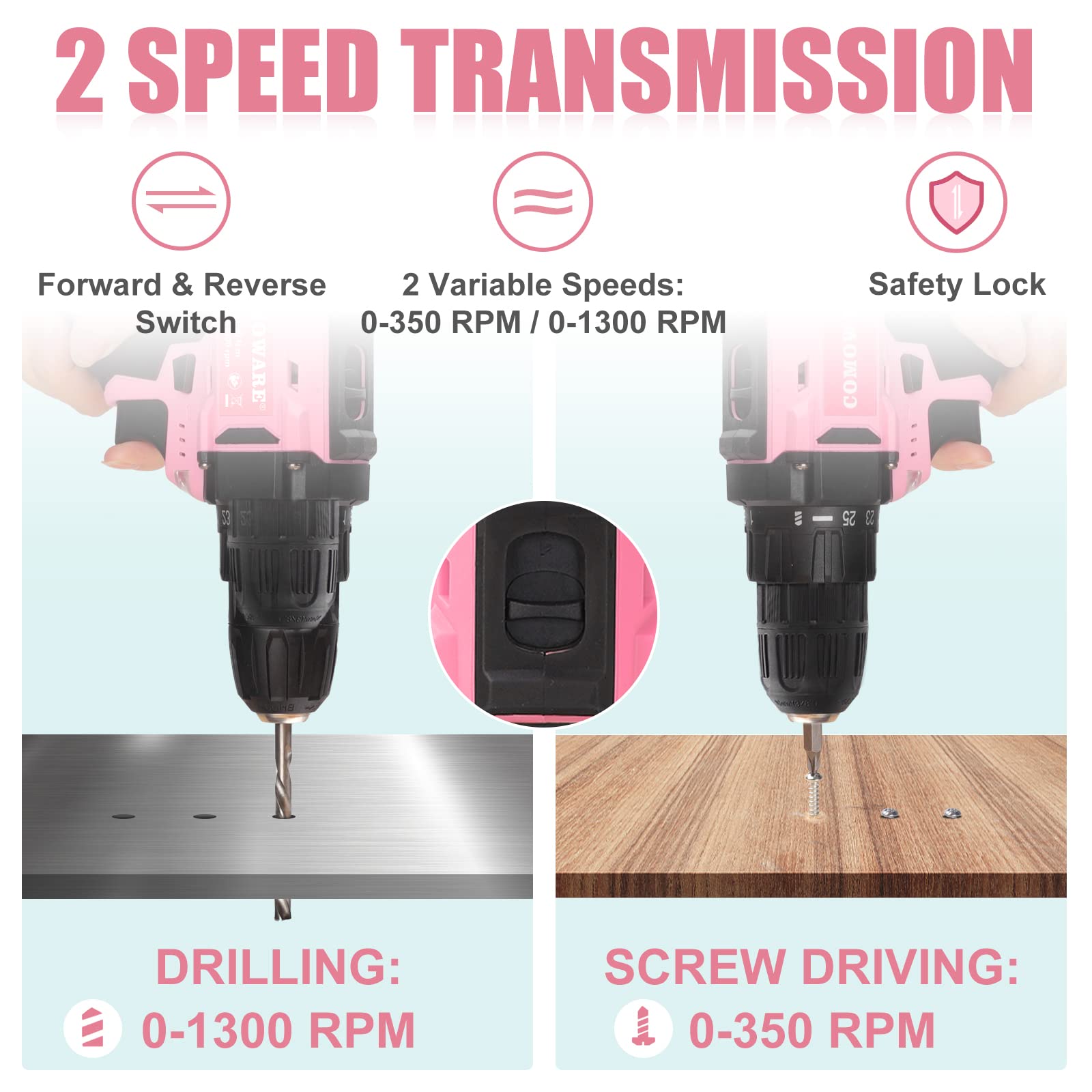 COMOWARE Pink Power Drill, 20V Pink Cordless Drill, Pink Drill Set for Women, 1 Battery & Charger, 3/8" Keyless Chuck, 2 Variable Speed, 0-350 & 0-1300 RPM, 25+1 Position and 34pcs Drill/Driver Bits