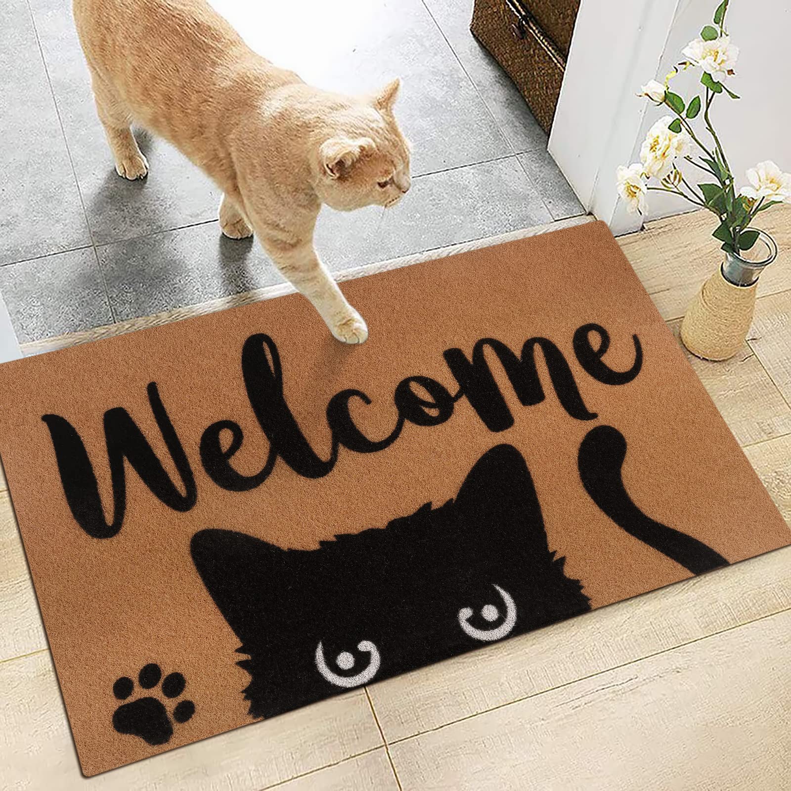 Percozzi Cat Welcome Doormat Funny Cat Mat with Non-Slip Backing Indoor Outdoor Welcome Door Mat for Entryway Porch Cat Lover Spring Summer Housewarming Gift