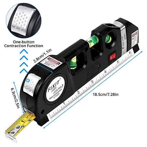 Laser Level, Semlos Multipurpose Line Laser Leveler Tool Cross Line Lasers With 8FT/2.5M Standard Measure Tape and Metric Rulers for Hanging Pictures Tile Walls