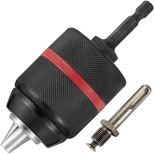 Eumtenr Multi Quick Replacement Keyless Chuck, Keyless Oneway Hand Drill Chuck 1/2-20UNF Mount 2~13mm Self-tighten for Multiple Purposes Quick Connect Drill Chuck Tool (Red)