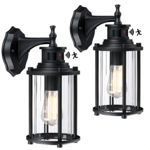 2-pack motion sensor outdoor wall lights, 12.5 inch dusk to dawn exterior waterproof wall light fixtures, matt black wall sconces with e26 socket & ribbed glass shade for porch, patio and garage