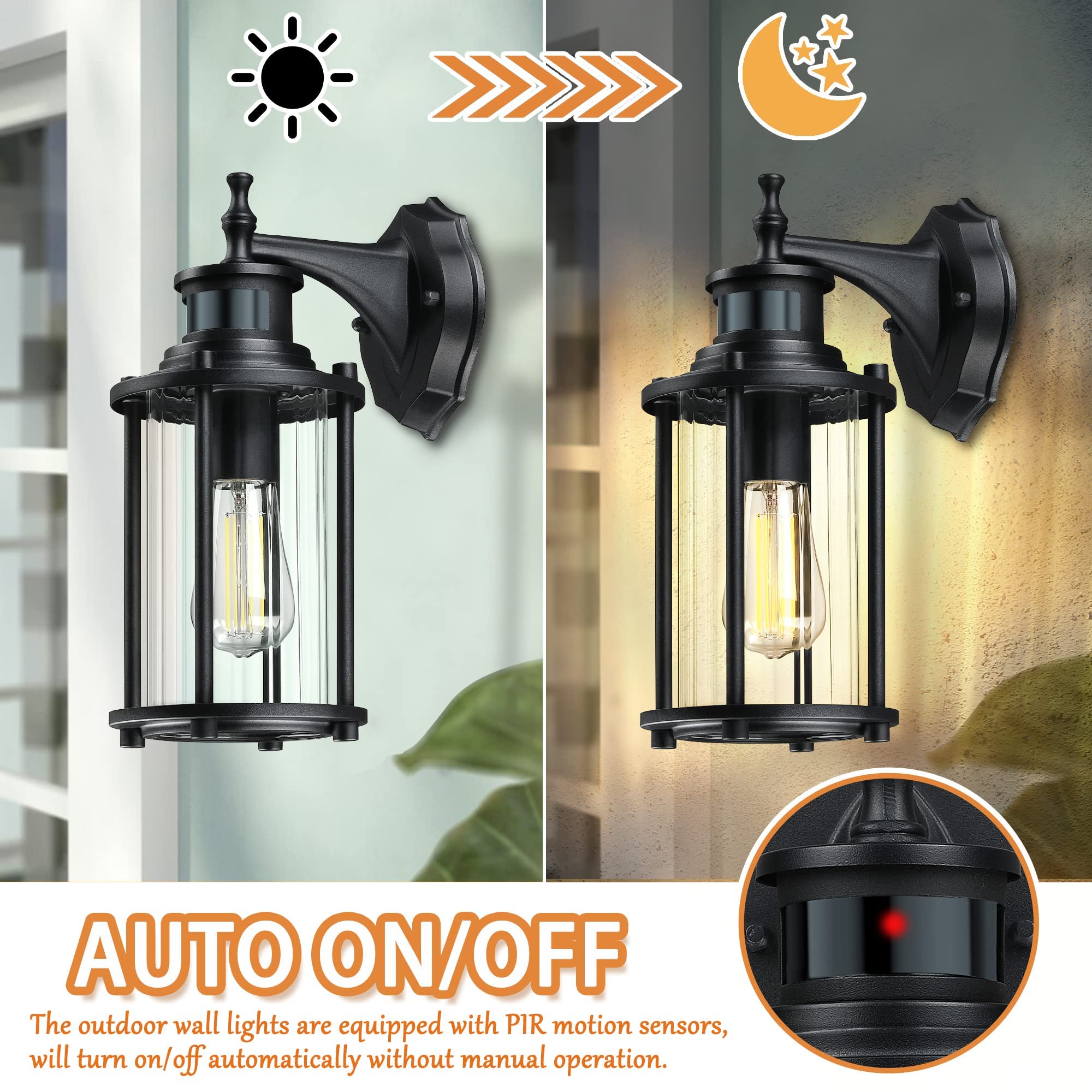2-Pack Motion Sensor Outdoor Wall Lights, 12.5 Inch Dusk to Dawn Exterior Waterproof Wall Light Fixtures, Matt Black Wall Sconces with E26 Socket & Ribbed Glass Shade for Porch, Patio and Garage