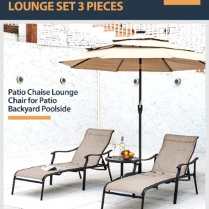 HAPPATIO Patio Chaise Lounge 3 Pieces,Patio Lounge Chair with Glass Coffee Table,Pool Lounge Chair with Breathable Textilene Fabric for Patio Backyard Poolside (Brown)