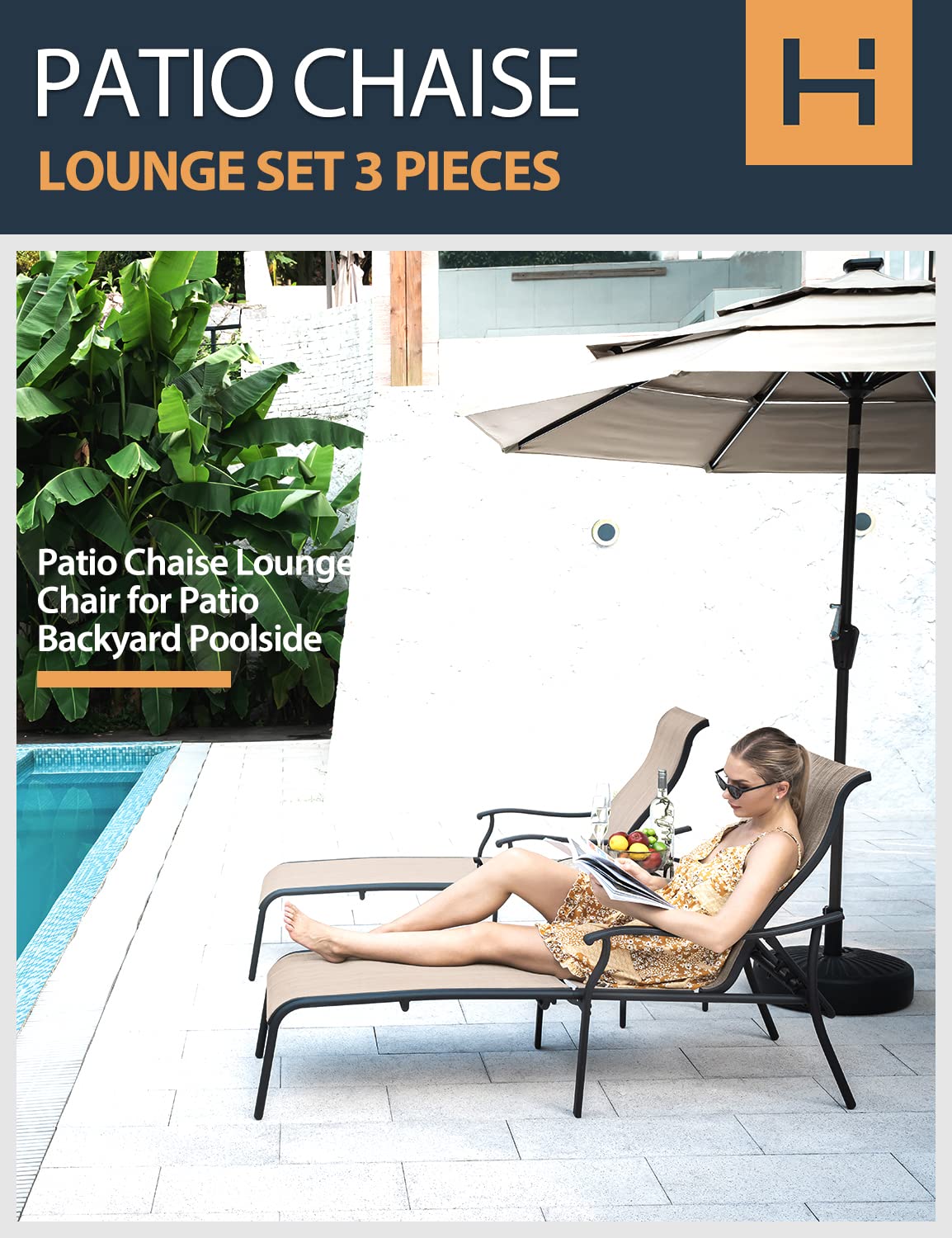 HAPPATIO Patio Chaise Lounge 3 Pieces,Patio Lounge Chair with Glass Coffee Table,Pool Lounge Chair with Breathable Textilene Fabric for Patio Backyard Poolside (Brown)