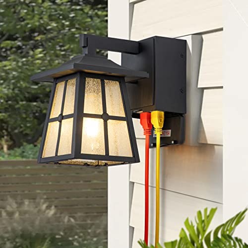 c cattleya Porch Light with Outlet Plug, Outdoor Light with Outlet Built in Exterior Light Fixture Outdoor Wall Sconce with GFCI Outlet Aluminum Lantern Patio Garage Light with Seeded Glass