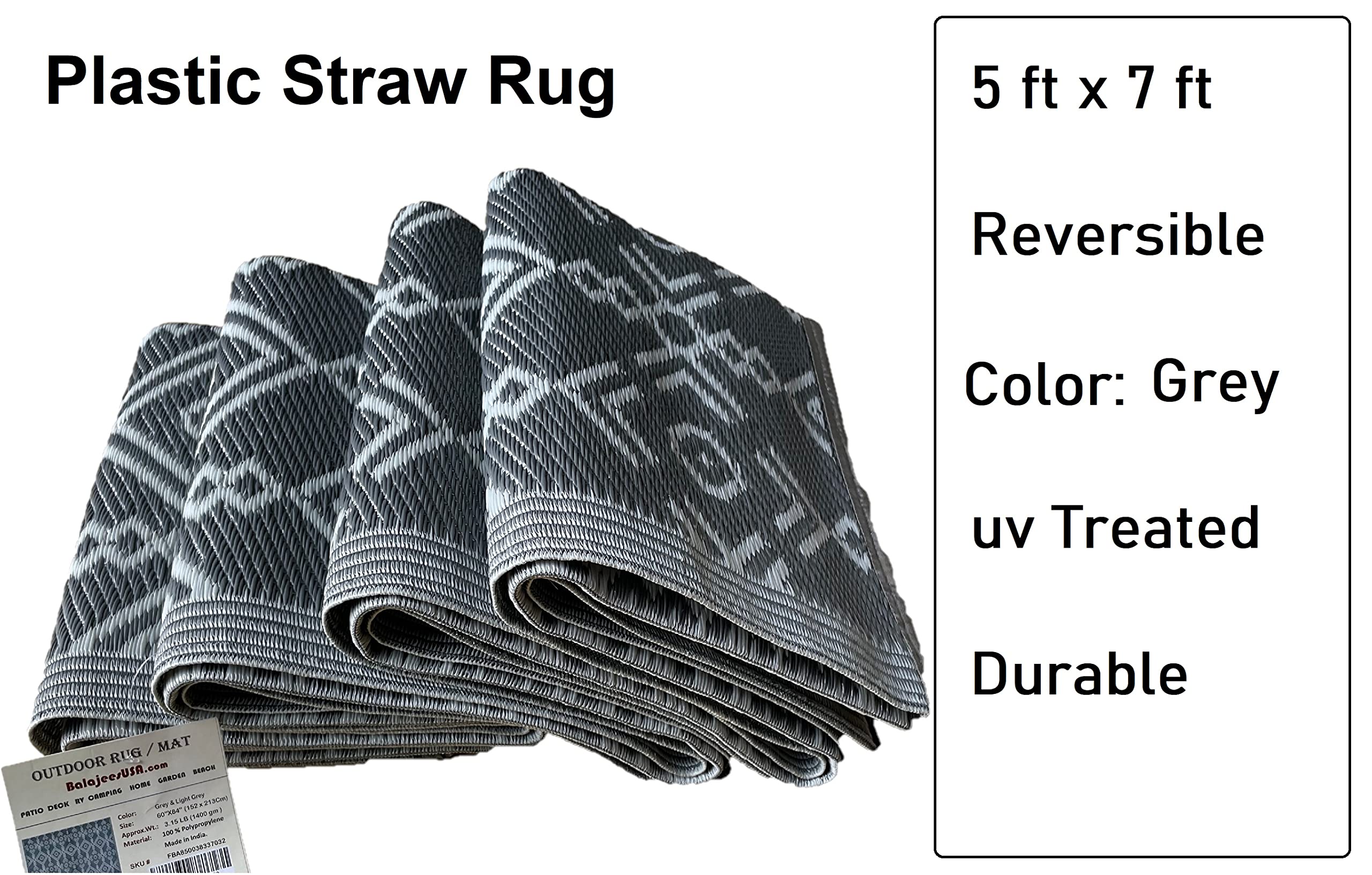 BalajeesUSA Outdoor Rug - 5x7 Grey Reversible Recycled Plastic Straw Patio Decor Waterproof Large RV Camper mat Camping 7032