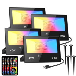 hydong rgb led flood light outdoor 400w equivalent color change & daylight 5700k landscape light with remote, timing, ip66 waterproof for yard, patio, garage - 4 pack