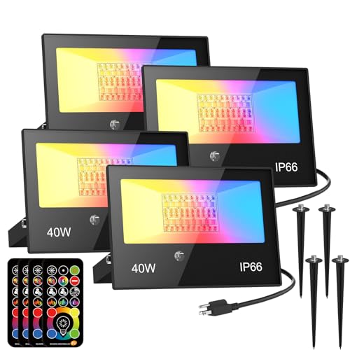 HYDONG RGB LED Flood Light Outdoor 400W Equivalent Color Change & Daylight 5700K Landscape Light with Remote, Timing, IP66 Waterproof for Yard, Patio, Garage - 4 Pack