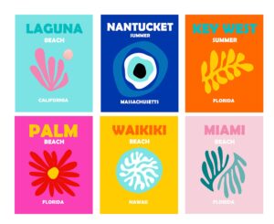 preppy travel prints no.16 wall art decor - 8x10 unframed abstract aesthetic boho indie matisse-inspired gift for girls,teens,women. set of 6 usa beaches.