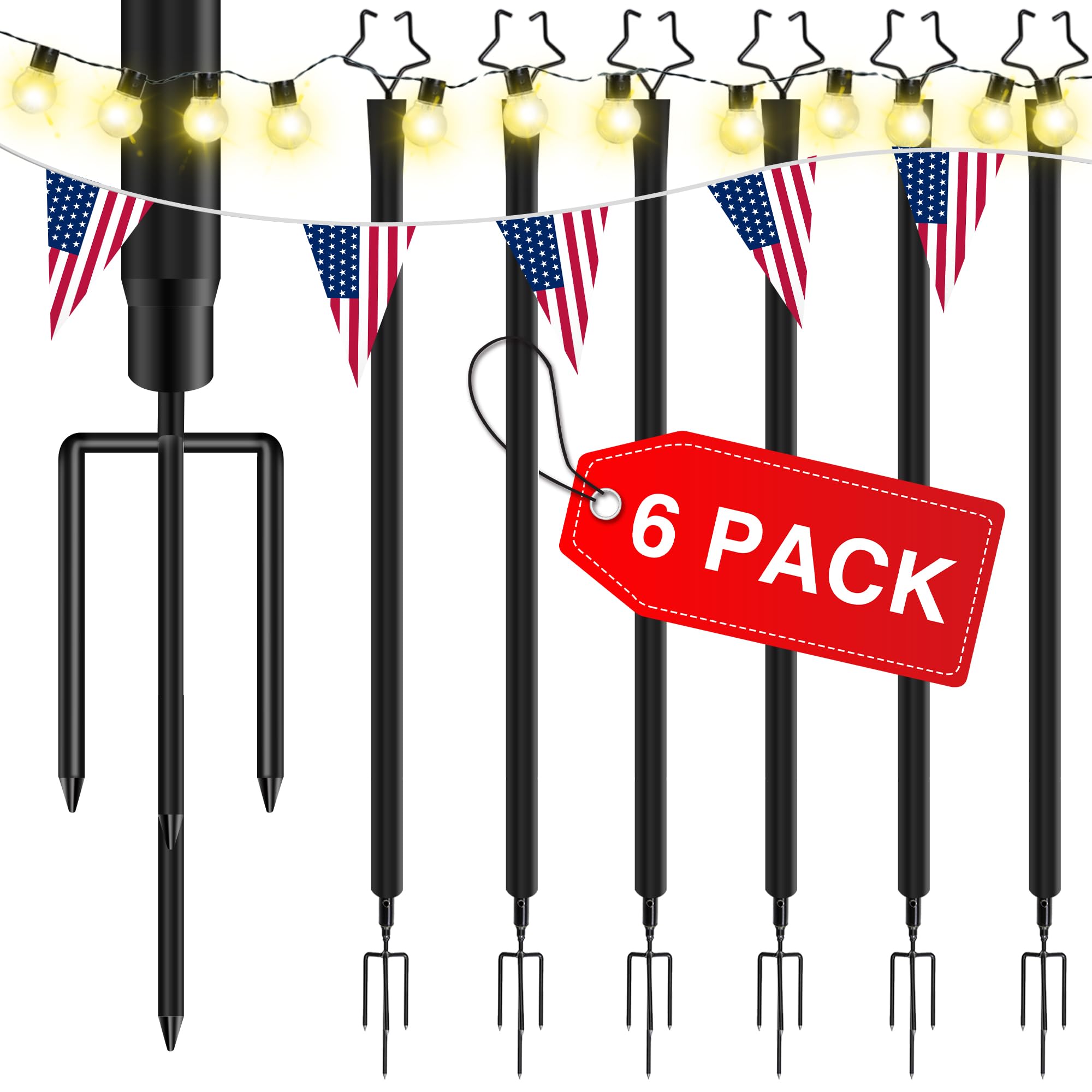 Sandinrayli String Light Poles, Set of 6 Outdoor Black Metal Poles for Hanging String Lights. Sturdy Hanging Pole for Outdoor String Lights, Creating an Enchanting Ambiance in Your Patio or Garden.