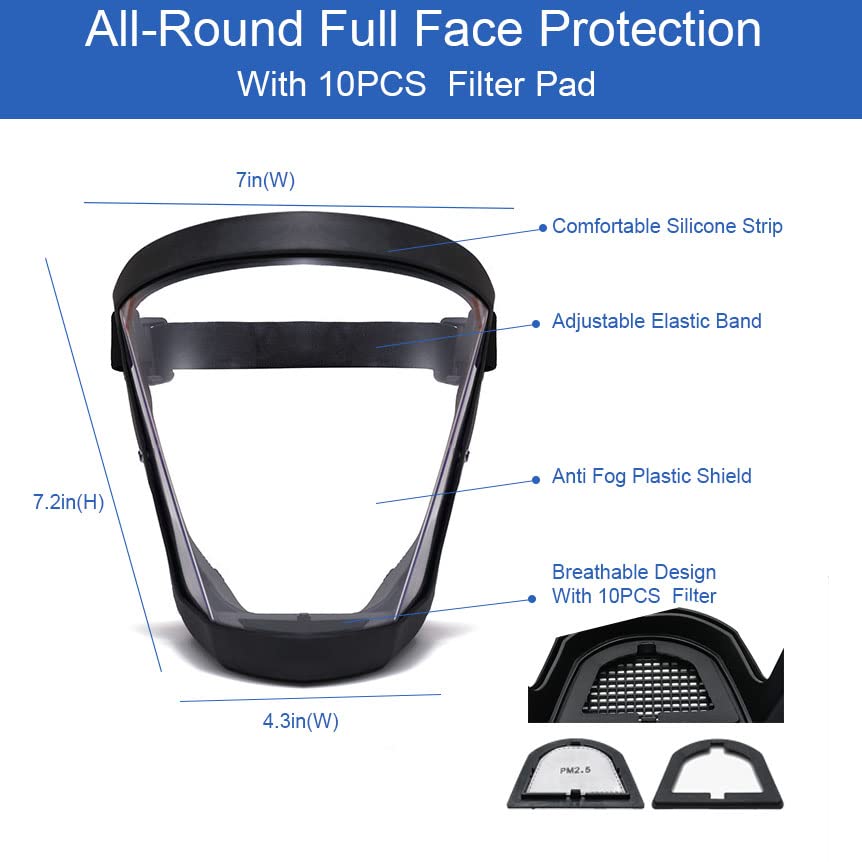 BFhongly Plastic Face Shield (2 Pack) Full Safety Face Protection Equipment with for Unisex and Adult, Reusable No Fogging Transparent Face Shield with Adjustable band, High-Definition Black