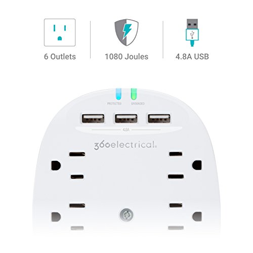 360 Electrical Studio 4.8 6-Outlet Surge Tap w/ 4.8A 3-Port USB and 1080 Joules of Surge Protection