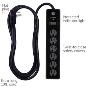 GE 6-Outlet Surge Protectors, 800 Joules & 600 Joules, 6 Ft & 10 Ft Extension Cords, Power Strips, Flat Plugs, Twist-to-Close Safety Covers, Protected Indicator Lights, UL Listed, Black