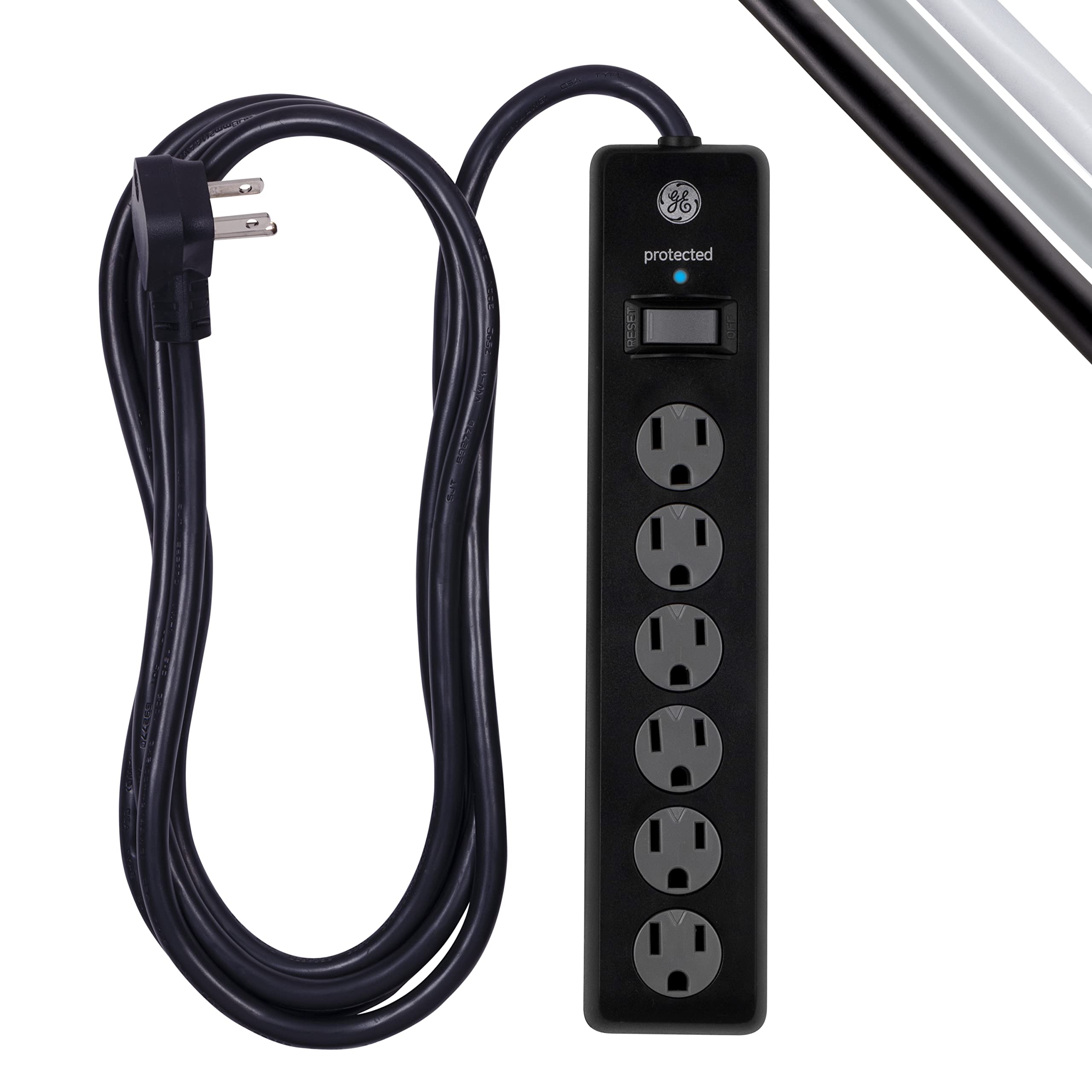 GE 6-Outlet Surge Protectors, 800 Joules & 600 Joules, 6 Ft & 10 Ft Extension Cords, Power Strips, Flat Plugs, Twist-to-Close Safety Covers, Protected Indicator Lights, UL Listed, Black