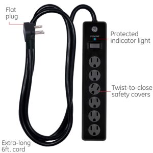 GE 6-Outlet Surge Protectors, 800 Joules & 600 Joules, 6 Ft & 10 Ft Extension Cords, Power Strips, Flat Plugs, Twist-to-Close Safety Covers, Protected Indicator Lights, UL Listed, Black