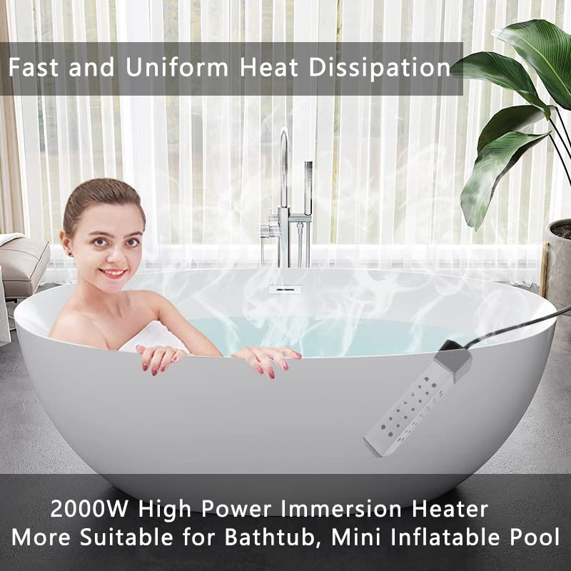 Memoryee Immersion Water Heater 2000W Square Electric Portable Water Heater with Digital LCD Thermometer,Stainless Steel Guard Submersible Heater for Bucket/Tub/Mini Pool/Basin