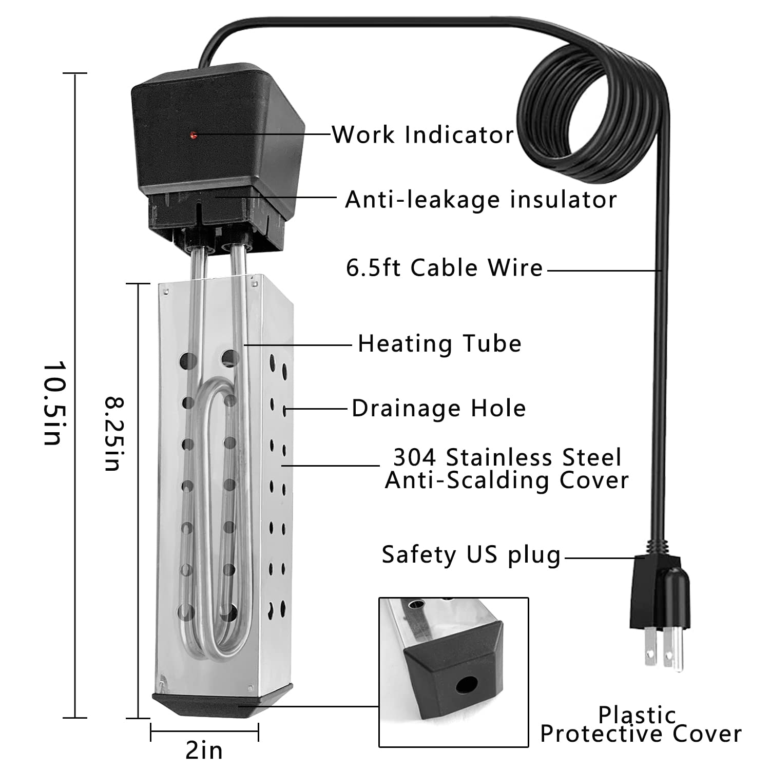 Memoryee Immersion Water Heater 2000W Square Electric Portable Water Heater with Digital LCD Thermometer,Stainless Steel Guard Submersible Heater for Bucket/Tub/Mini Pool/Basin