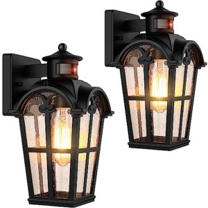 brighthome motion sensor outdoor wall lights, 2-pack dusk to dawn front porch lights, waterpoof exterior wall mount light fixtures, black attractive wall lanterns for house garage doorway backyard
