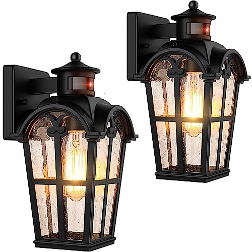 BrightHome Motion Sensor Outdoor Wall Lights, 2-Pack Dusk to Dawn Front Porch Lights, Waterpoof Exterior Wall Mount Light Fixtures, Black Attractive Wall Lanterns for House Garage Doorway Backyard