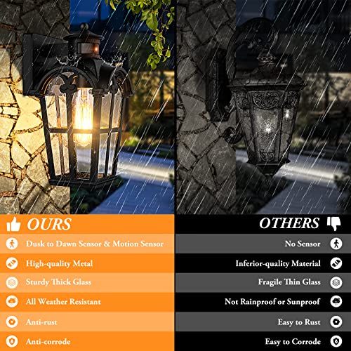 BrightHome Motion Sensor Outdoor Wall Lights, 2-Pack Dusk to Dawn Front Porch Lights, Waterpoof Exterior Wall Mount Light Fixtures, Black Attractive Wall Lanterns for House Garage Doorway Backyard