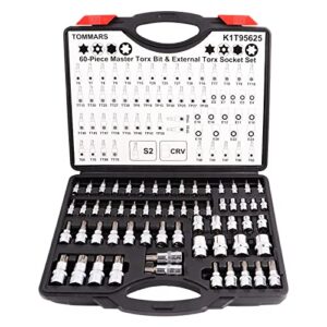 tommars 60-pc master torx bit socket and external socket set 1/4", 3/8", 1/2" drive, s2 steel bits, crv sockets e4-e24, t6-t70,tt6-tt70,tp8-tp60