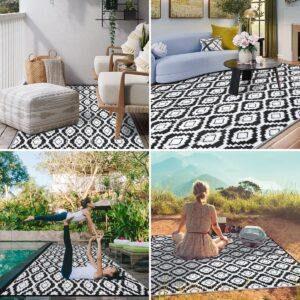 HIHEGD Outdoor Rug 9x12 for Patio Camping RV, Waterproof Reversible Mat, Plastic Straw Rug for Indoor Outdoor Patio Clearance, Porch, Deck, Backyard, Picnic (Black and White)