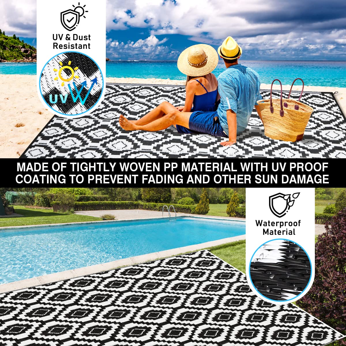 HIHEGD Outdoor Rug 9x12 for Patio Camping RV, Waterproof Reversible Mat, Plastic Straw Rug for Indoor Outdoor Patio Clearance, Porch, Deck, Backyard, Picnic (Black and White)