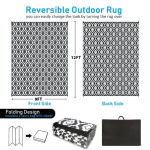 HIHEGD Outdoor Rug 9x12 for Patio Camping RV, Waterproof Reversible Mat, Plastic Straw Rug for Indoor Outdoor Patio Clearance, Porch, Deck, Backyard, Picnic (Black and White)