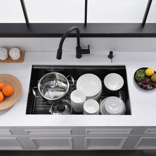 32 Black Undermount Workstation Kitchen Sink, Luckyhorse 32x19x10 Inches 16 Gauge Gunmetal Black Stainless Steel Undermount Workstation Kitchen Sink LH014S