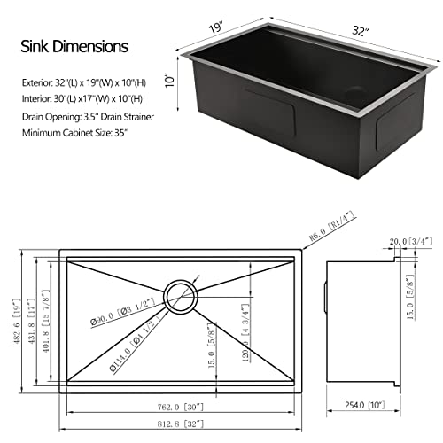 32 Black Undermount Workstation Kitchen Sink, Luckyhorse 32x19x10 Inches 16 Gauge Gunmetal Black Stainless Steel Undermount Workstation Kitchen Sink LH014S