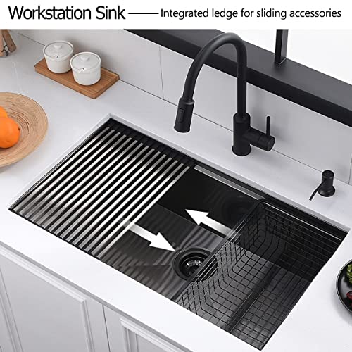 32 Black Undermount Workstation Kitchen Sink, Luckyhorse 32x19x10 Inches 16 Gauge Gunmetal Black Stainless Steel Undermount Workstation Kitchen Sink LH014S