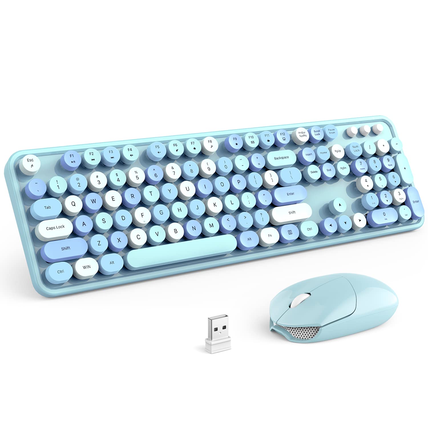 KNOWSQT Wireless Keyboard and Mouse Combo, Blue 104 Keys Full-Sized 2.4 GHz Round Keycap Colorful Keyboards, USB Receiver Plug and Play, for Windows, Mac, PC, Laptop, Desktop