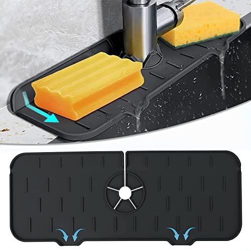 Kitchen Sink Splash Guard, Silicone Faucet Handle Drip Catcher Mat, Sink Splash Drain Drying Pad Behind Faucet, for Kitchen & Bathroom Countertop Protector (Black)