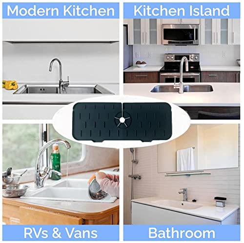 Kitchen Sink Splash Guard, Silicone Faucet Handle Drip Catcher Mat, Sink Splash Drain Drying Pad Behind Faucet, for Kitchen & Bathroom Countertop Protector (Black)